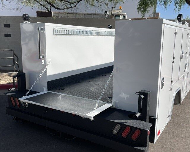 Watt Ventures service body, rear view with tailgate down